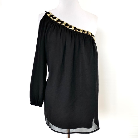 Julie Brown NYC Chiffon Sheer Black One Shoulder Blouse Gold Chain 100% Silk - Picture 8 of 8